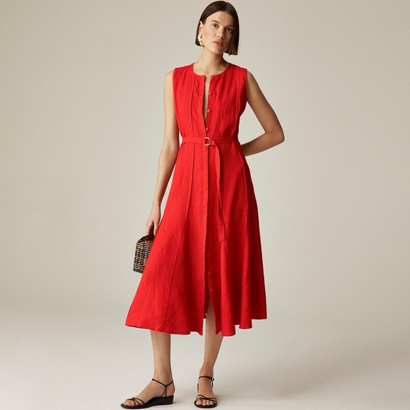 NWT J.Crew Seamed Linen Dress With Removable Belt In Red Arroyo